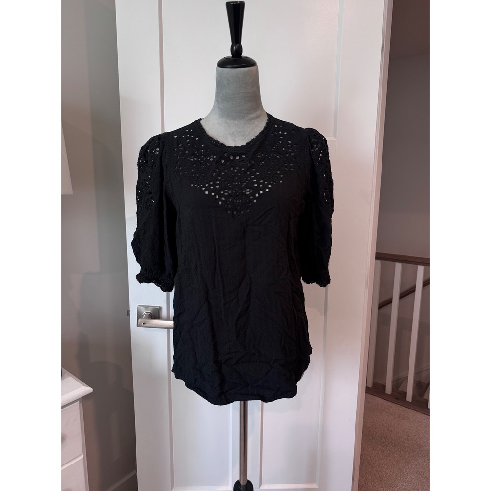 Good Hart Black Eyelet Lace Puff Sleeve Blouse Top Womens Small Cottagecore